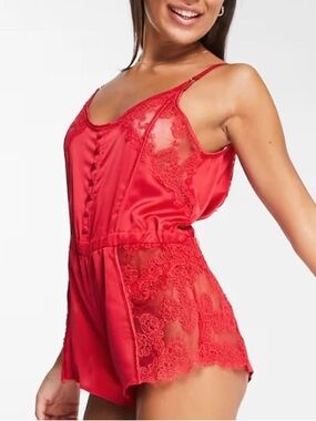Ann Summers Red Satin Lace Romper Teddy Lingerie Size Large